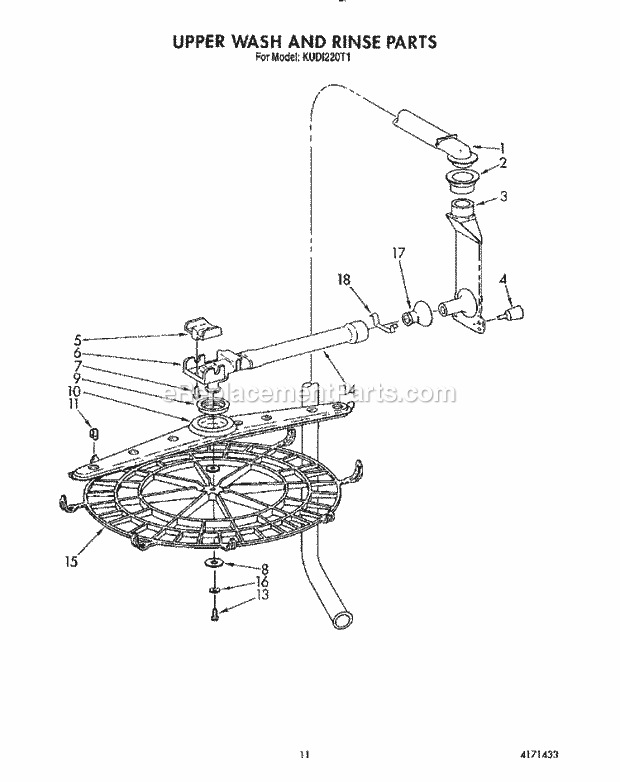 KitchenAid KUDI220T1 Dishwasher Upper Wash and Rinse Diagram