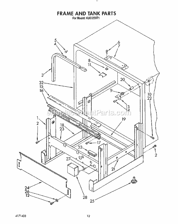 KitchenAid KUDI220T1 Dishwasher Frame and Tank Diagram