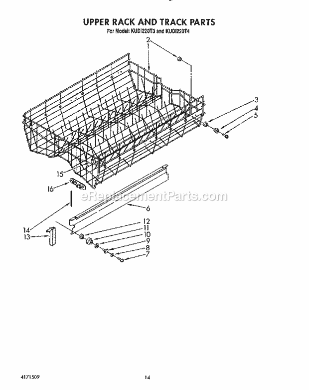 KitchenAid KUDI220T4 Dishwasher Upper Rack and Track Diagram
