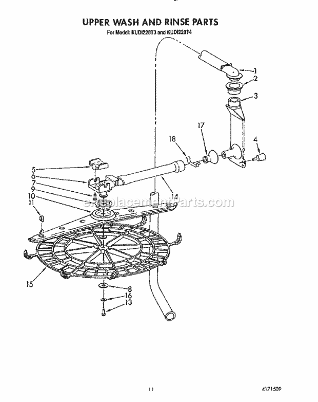 KitchenAid KUDI220T4 Dishwasher Upper Wash and Rinse Diagram