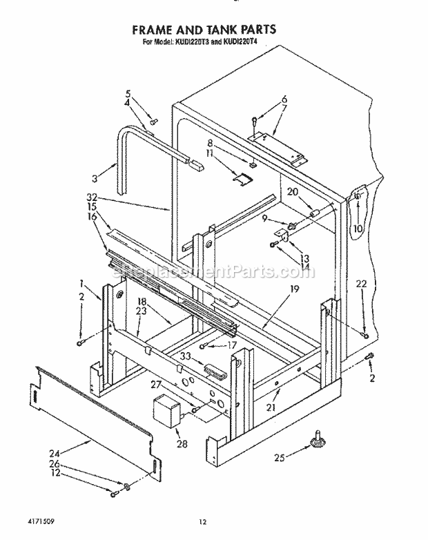 KitchenAid KUDI220T4 Dishwasher Frame and Tank Diagram