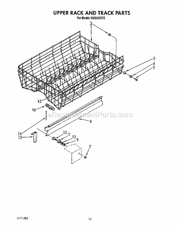 KitchenAid KUDI220T5 Dishwasher Upper Rack and Track Diagram