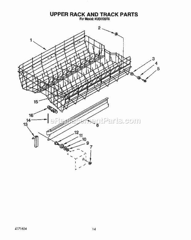 KitchenAid KUDI220T6 Dishwasher Upper Rack and Track Diagram