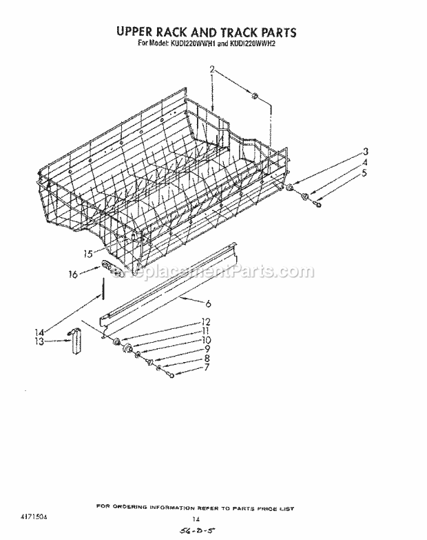 KitchenAid KUDI220WWH1 Dishwasher Upper Rack and Track Diagram