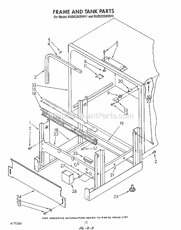 KitchenAid KUDI220WWH1 Dishwasher Frame and Tank Diagram