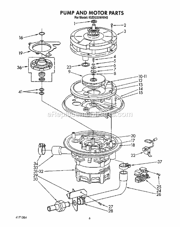 KitchenAid KUDI220WWH3 Dishwasher Pump and Motor Diagram