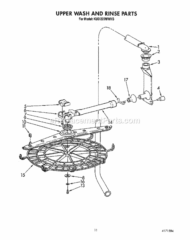 KitchenAid KUDI220WWH3 Dishwasher Upper Wash and Rinse Diagram