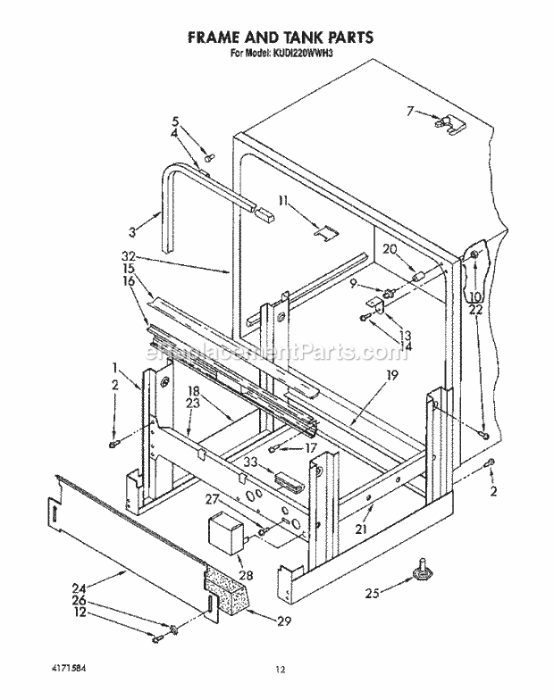 KitchenAid KUDI220WWH3 Dishwasher Frame and Tank Diagram