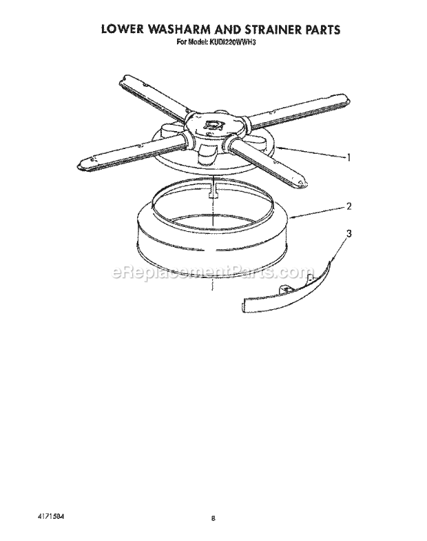 KitchenAid KUDI220WWH3 Dishwasher Lower Washarm and Strainer Diagram