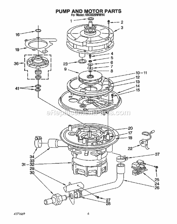 KitchenAid KUDI220WWH4 Dishwasher Pump and Motor Diagram