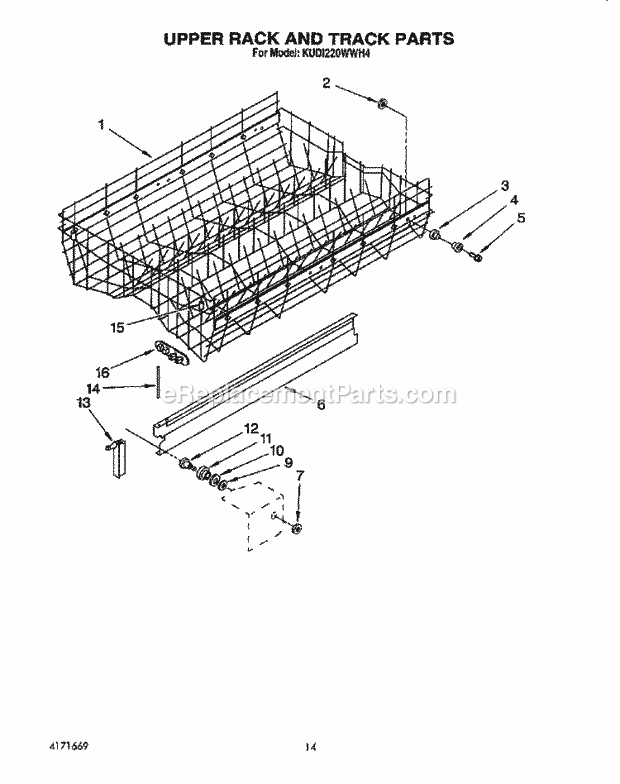 KitchenAid KUDI220WWH4 Dishwasher Upper Rack and Track Diagram