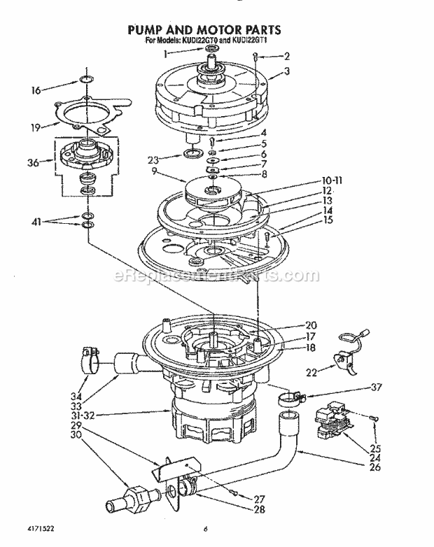 KitchenAid KUDI22GT1 Dishwasher Pump and Motor Diagram