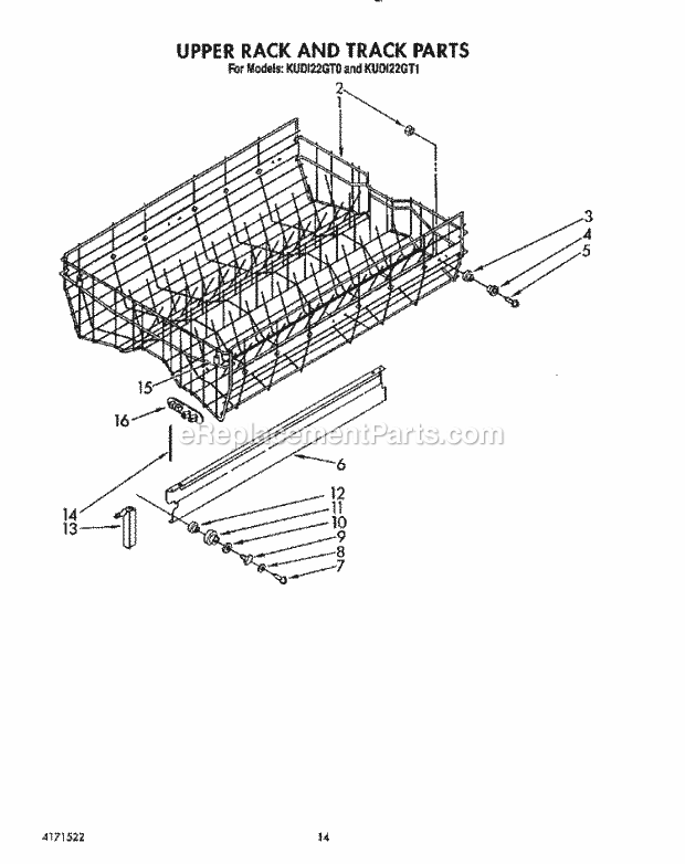 KitchenAid KUDI22GT1 Dishwasher Upper Rack and Track Diagram