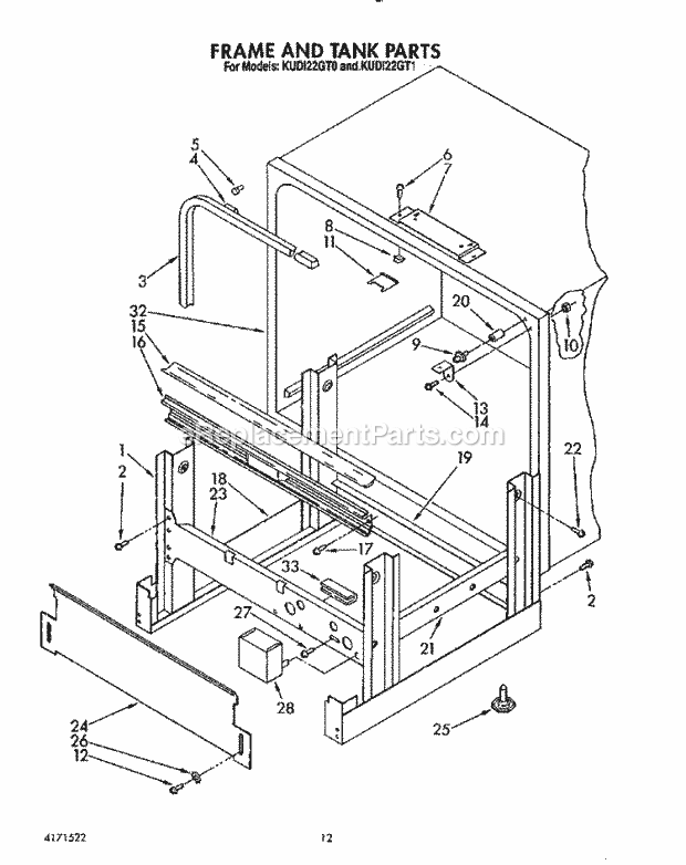 KitchenAid KUDI22GT1 Dishwasher Frame and Tank Diagram