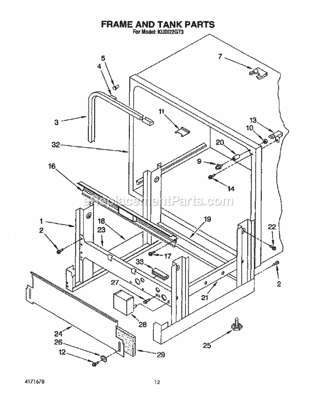 KitchenAid KUDI22GT3 Dishwasher Frame and Tank Diagram