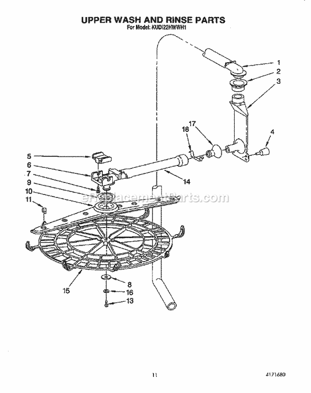 KitchenAid KUDI22HWWH1 Dishwasher Upper Wash and Rinse Diagram