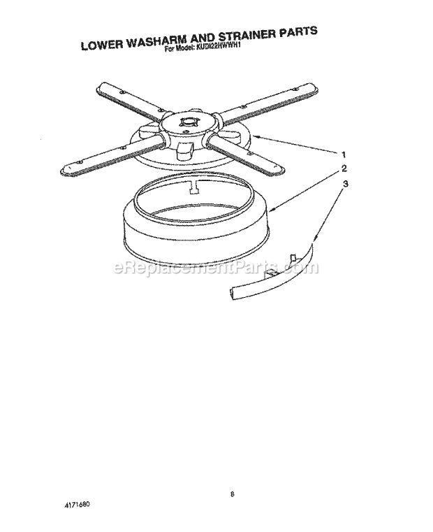 KitchenAid KUDI22HWWH1 Dishwasher Lower Washarm and Strainer Diagram