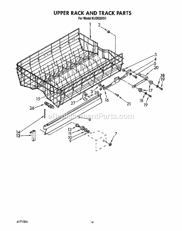 KitchenAid KUDI22XX1 Dishwasher Upper Rack and Track Diagram