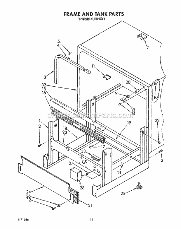 KitchenAid KUDI22XX1 Dishwasher Frame and Tank Diagram