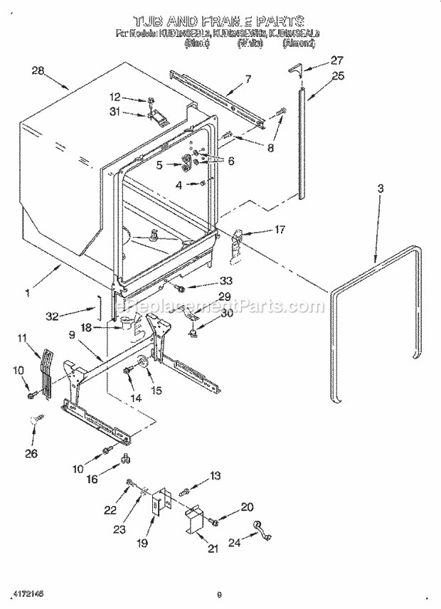 KitchenAid KUDI24SEAL3 Dishwasher Tub and Frame Diagram