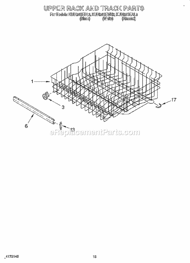 KitchenAid KUDI24SEAL3 Dishwasher Upper Rack and Track Diagram