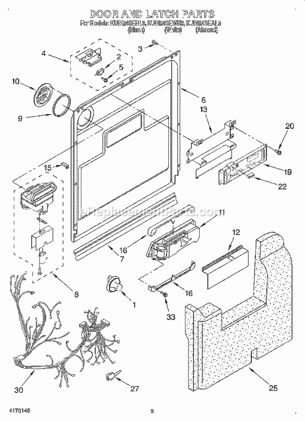 KitchenAid KUDI24SEAL3 Dishwasher Door and Latch Diagram