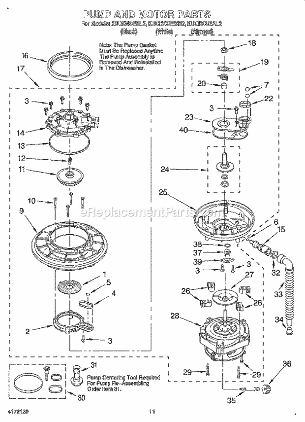 KitchenAid KUDI24SEWH2 Dishwasher Pump and Motor Diagram