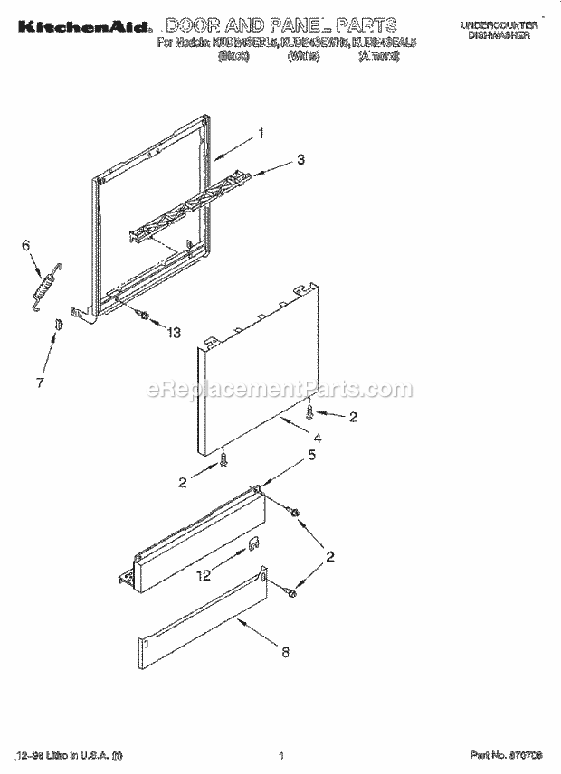 KitchenAid KUDI24SEWH5 Dishwasher Door and Panel Diagram