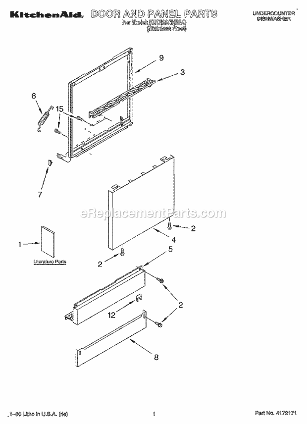 KitchenAid KUDI25CHBS0 Dishwasher Door and Panel, Literature Diagram