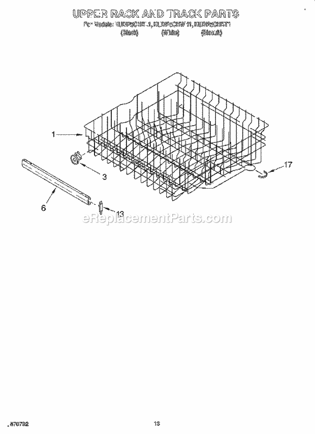 KitchenAid KUDI25CHWH1 Dishwasher Upper Rack and Track Diagram