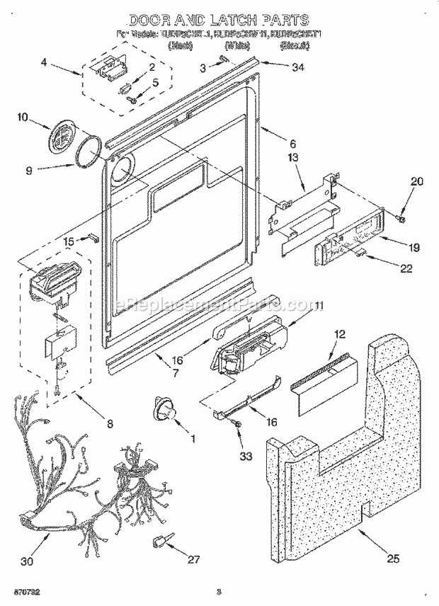 KitchenAid KUDI25CHWH1 Dishwasher Door and Latch Diagram