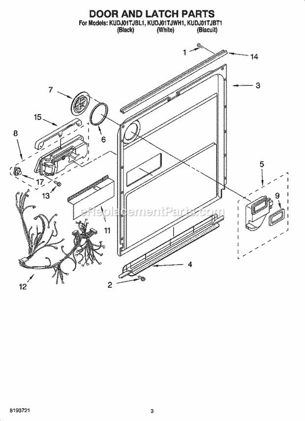 KitchenAid KUDJ01TJBL1 Dishwasher Door and Latch Parts Diagram