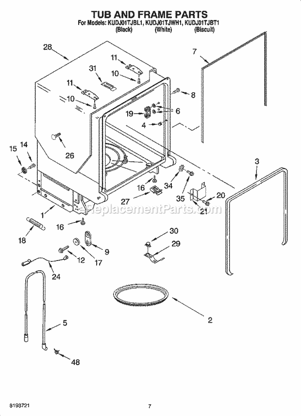 KitchenAid KUDJ01TJBT1 Dishwasher Tub and Frame Parts Diagram