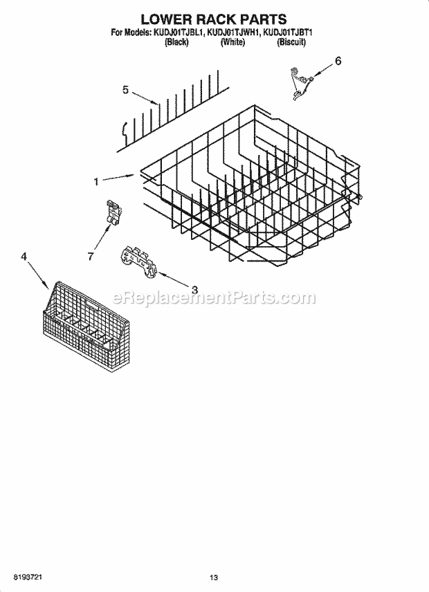 KitchenAid KUDJ01TJWH1 Dishwasher Lower Rack Parts Diagram