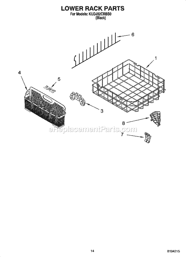 KitchenAid KUDJ02CRBS0 Dishwasher Lower Rack Parts, Optional Parts (Not Included) Diagram