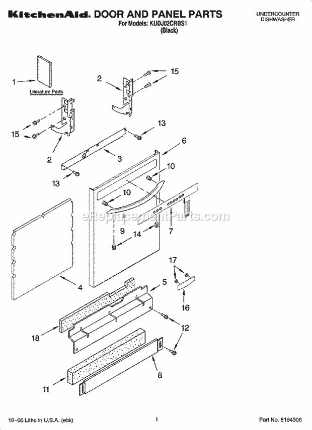 KitchenAid KUDJ02CRBS1 Dishwasher Door and Panel Parts Diagram