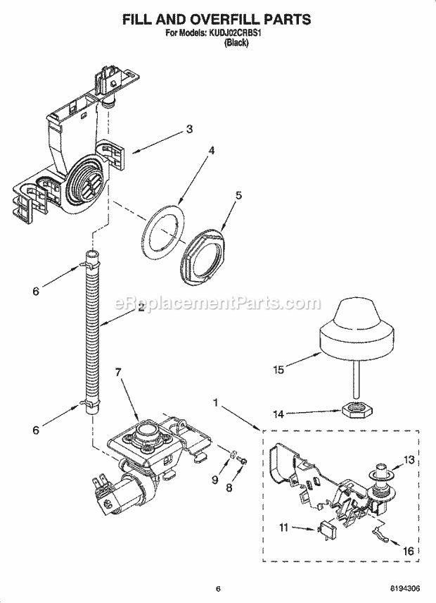 KitchenAid KUDJ02CRBS1 Dishwasher Fill and Overfill Parts Diagram