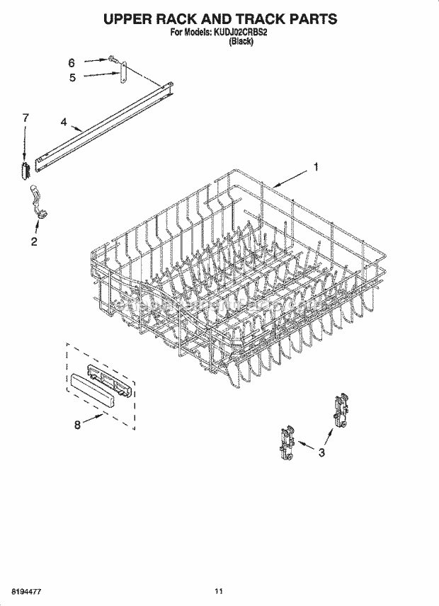 KitchenAid KUDJ02CRBS2 Dishwasher Upper Rack and Track Parts Diagram