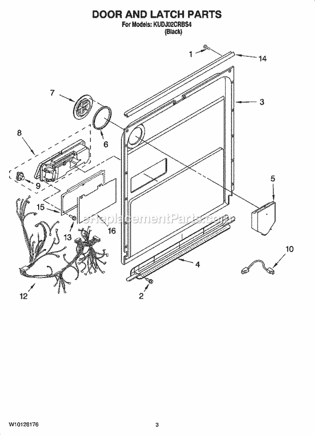 KitchenAid KUDJ02CRBS4 Dishwasher Door and Latch Parts Diagram