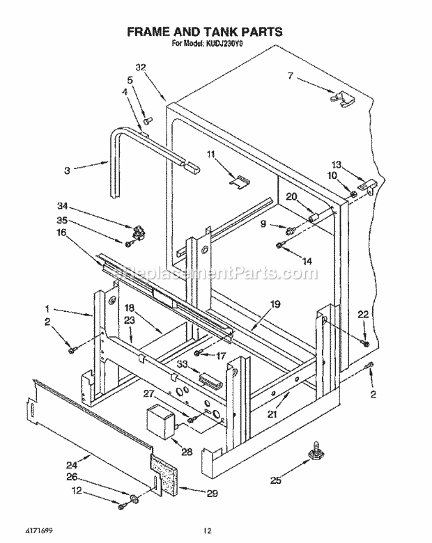 KitchenAid KUDJ230Y0 Dishwasher Frame and Tank Diagram