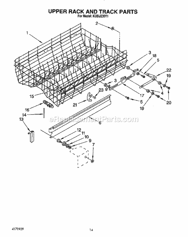 KitchenAid KUDJ230Y1 Dishwasher Upper Rack and Track Diagram