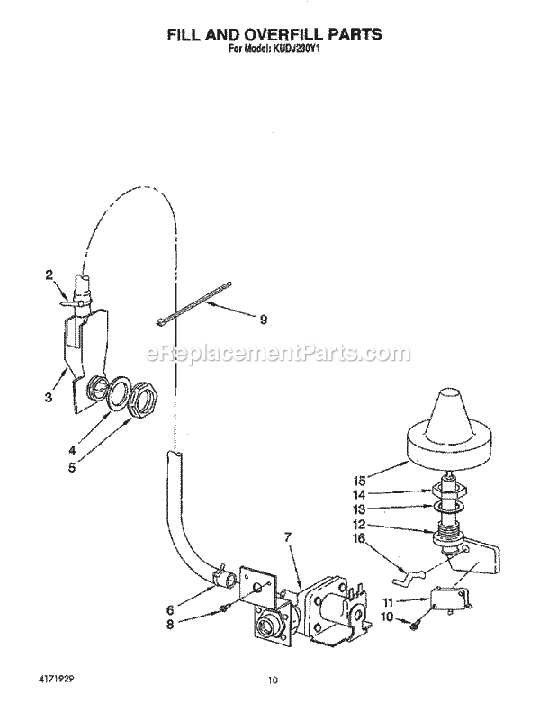 KitchenAid KUDJ230Y1 Dishwasher Fill and Overfill Diagram