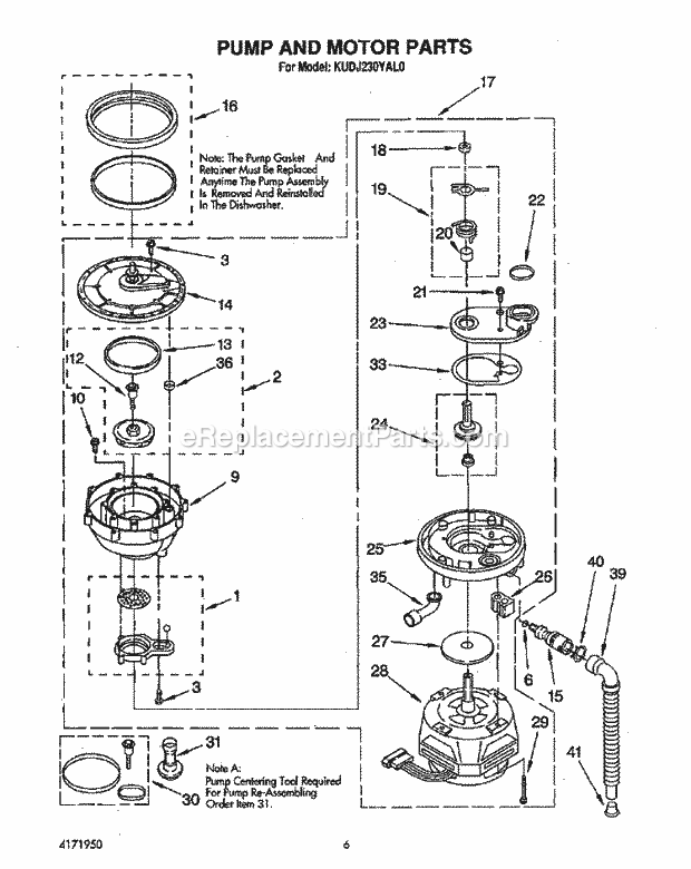KitchenAid KUDJ230YAL0 Dishwasher Pump and Motor Diagram