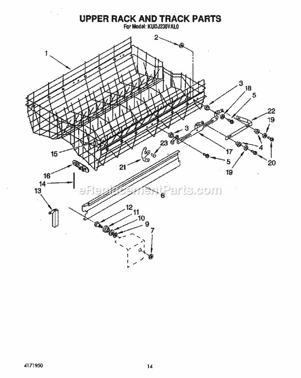 KitchenAid KUDJ230YAL0 Dishwasher Upper Rack and Track Diagram