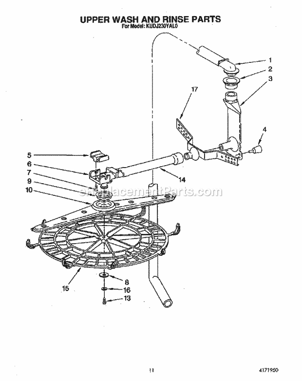 KitchenAid KUDJ230YAL0 Dishwasher Upper Wash and Rinse Diagram