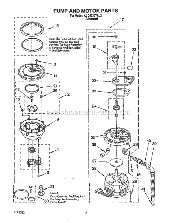 KitchenAid KUDJ230YAL2 Dishwasher Pump and Motor Diagram