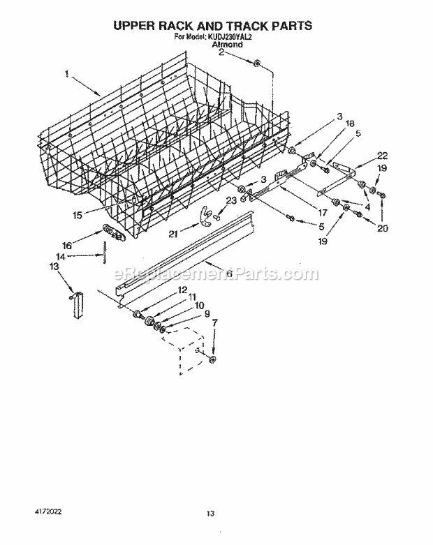 KitchenAid KUDJ230YAL2 Dishwasher Upper Rack and Track Diagram