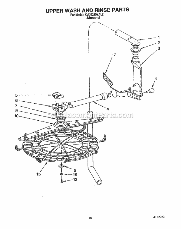 KitchenAid KUDJ230YAL2 Dishwasher Upper Wash and Rinse Diagram