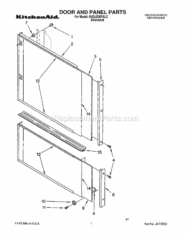 KitchenAid KUDJ230YAL2 Dishwasher Door and Panel Diagram