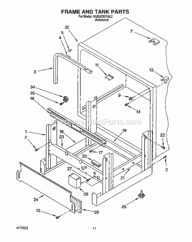 KitchenAid KUDJ230YAL2 Dishwasher Frame and Tank Diagram